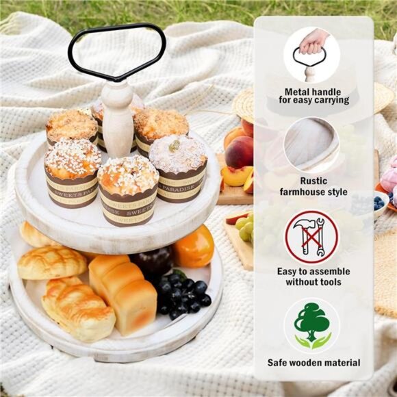 Rustic Wooden 2Tiered Tray,Round Farmhouse Kitchen Table Decor Serving Tier Tray - Picture 4 of 7